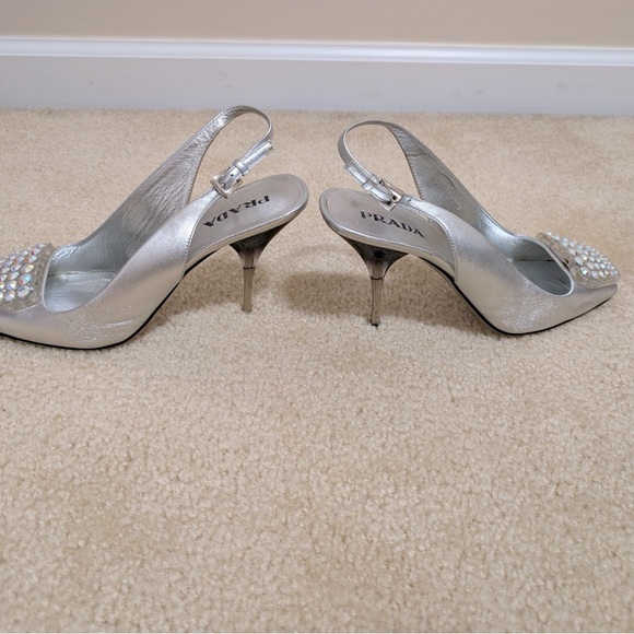 Prada silver leathers size 8 sling back heel with rhinestone embelishment. - Picture 6 of 13